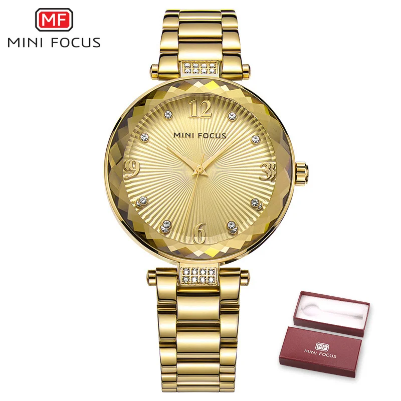 Gold Steel MINIFOCUS новые часы женские повседневные модные часы с ремешком из кожи и нержавеющей стали Кварцевые наручные часы с бриллиантами золотые часы женские подарок - Цвет: Gold Steel