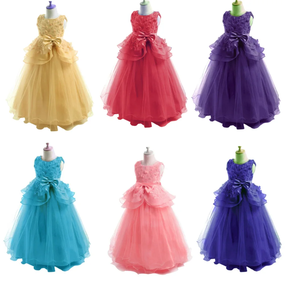 

New Flower Girls Dresses Children Sleeveless 3D Flower Applique Evening Dress Party Birthday Daughter and Father Ball Gown