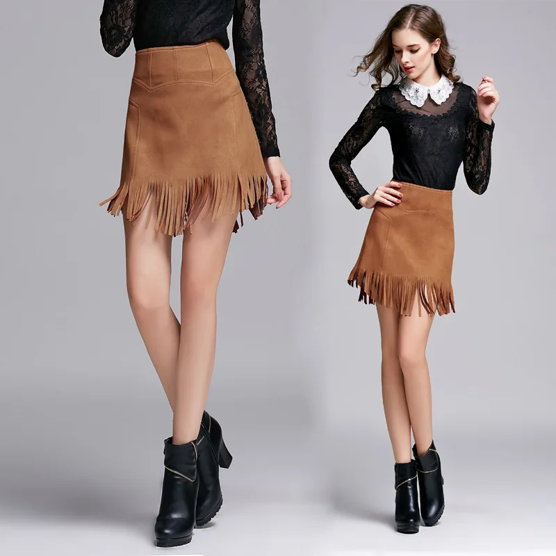 Нерегулярные кисточкой однотонные замшевые юбка Высокая талия тонкие линии юбки