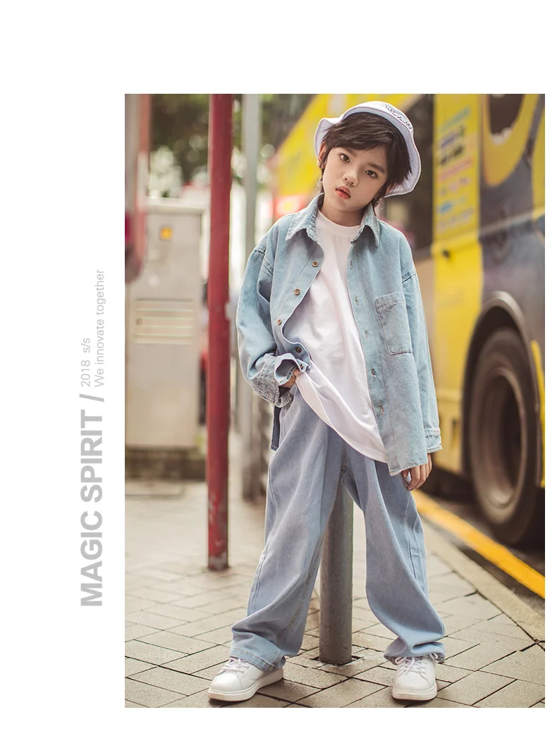 Vestido/Детский костюм в стиле хип-хоп, джинсовый костюм, топ+ штаны, стеет, костюм Джаз, детская джинсовая одежда, детская одежда в стиле хип-хоп, BL1952
