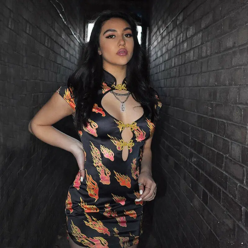 Новое Сексуальное женское мини-платье Qipao открытое облегающее платье с принтом