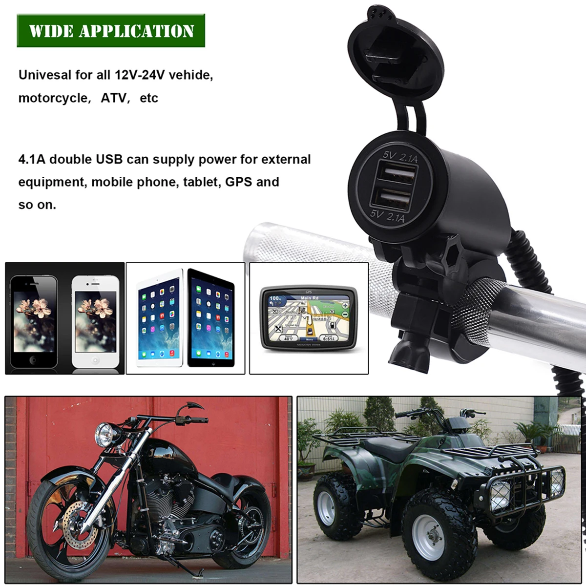 50cm Cable 4.2A Dual USB Charger Adapter Handlebar Mount 10A 15A Fuse Waterproof universal for 12v-24v motorcycle ATV etc | Автомобили и