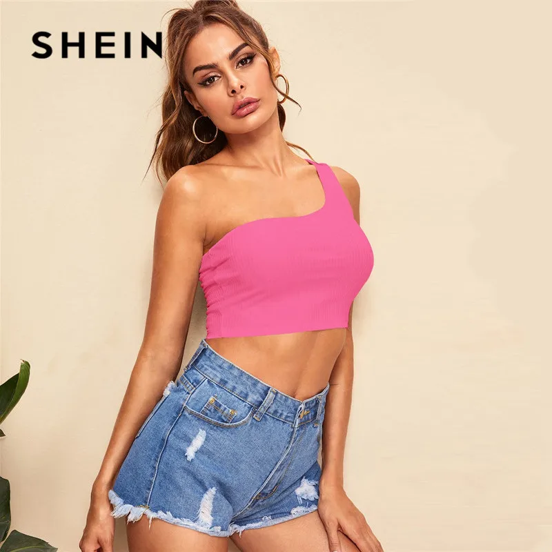 SHEIN цельный топ на одно плечо в рубчик, Женский Топ, женская одежда, лето, тонкий сексуальный укороченный топ, минималистичный Базовый Топ