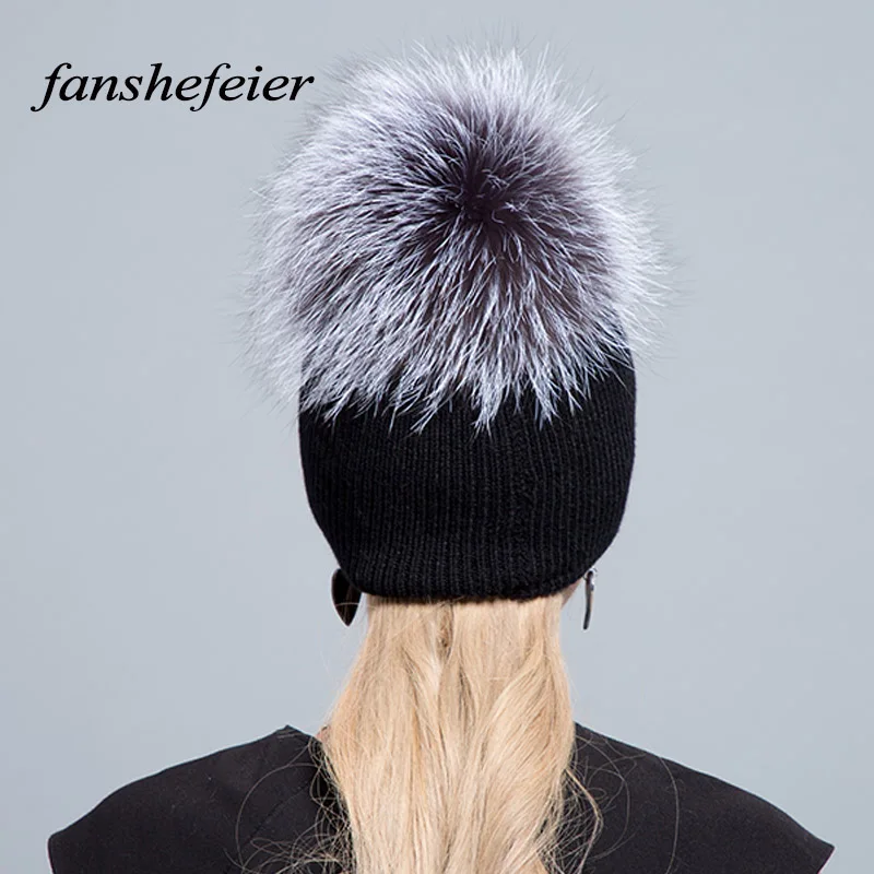 Fanshefeier натуральный мех енота помпон однотонные горнолыжные шапки зимние шапочки