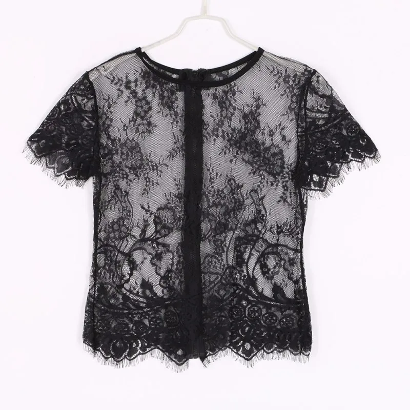 Женский сексуальный кружевной топ, Blusas Femininas, черный, короткий рукав, круглый вырез, с вырезами, на молнии, RT5 TT