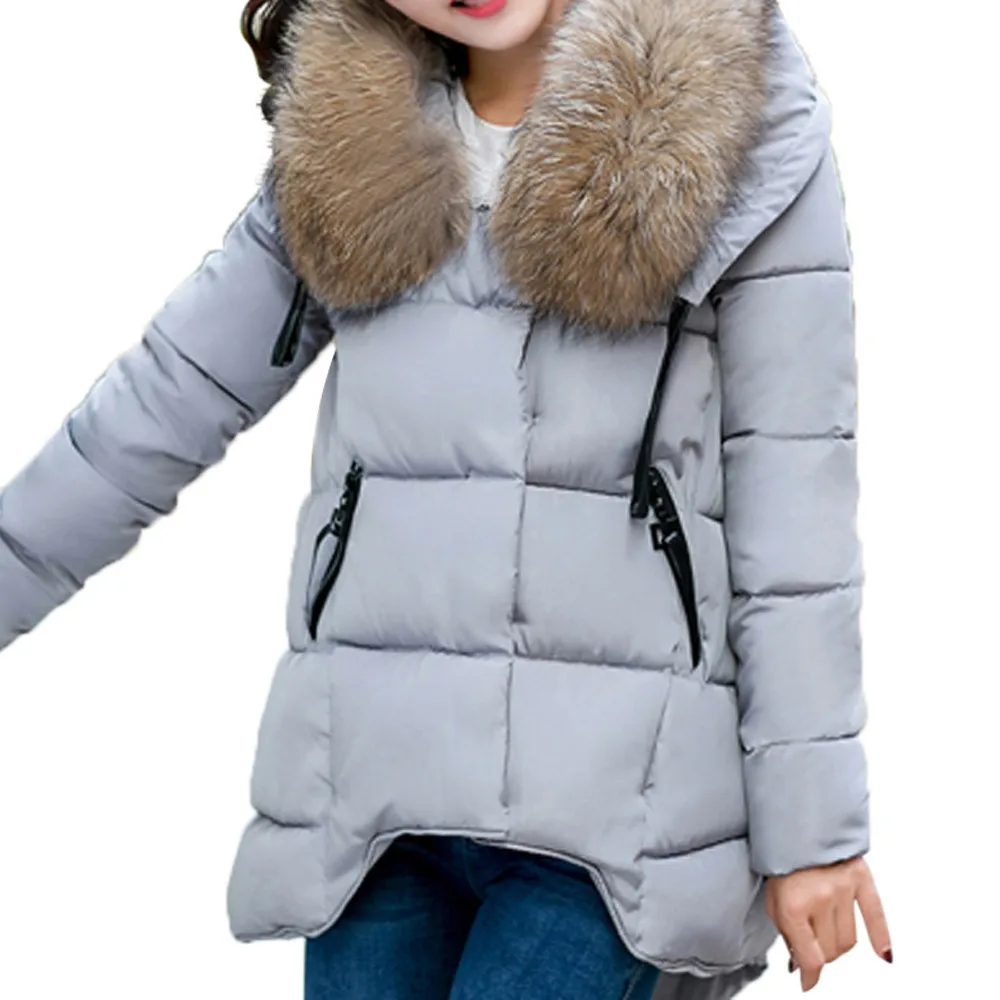 Gray Winter Parkas jackets Women Clothing Fashion Casual Slim Thick Fur Collar Warm Hooded Outwear Coats Parkas With Hooded Overcoats - Color: Gray