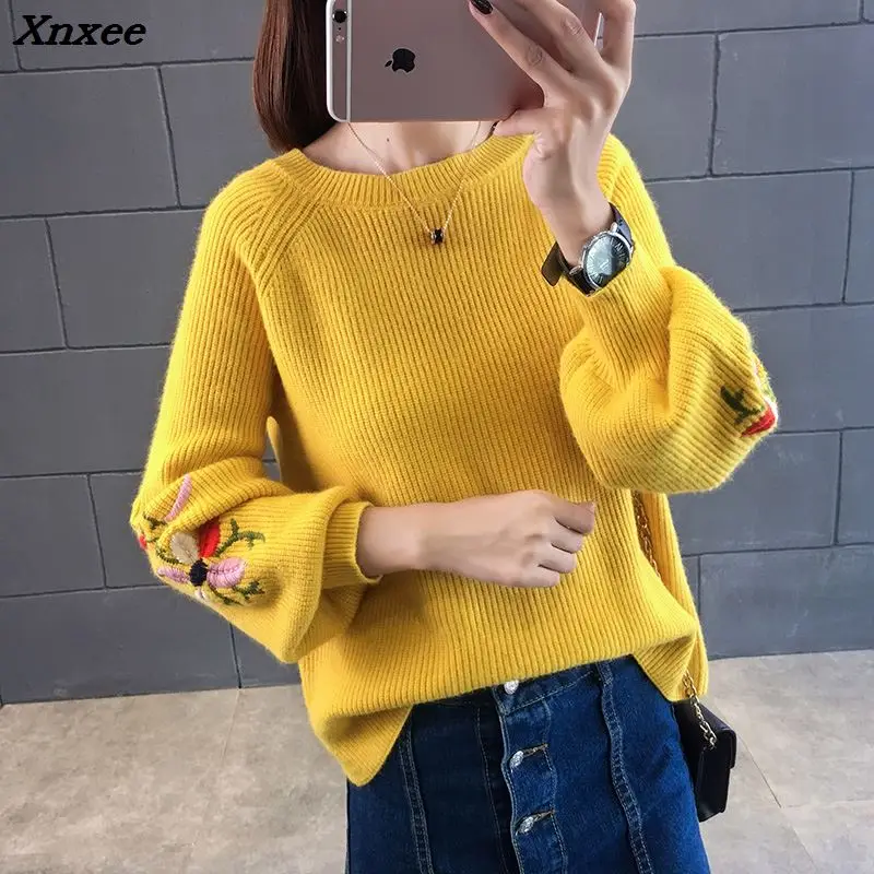 

Xnxee 2018 sweater female students head loose jackets new winter flower embroidery Bubble Sleeve Sweater Dress Xnxee