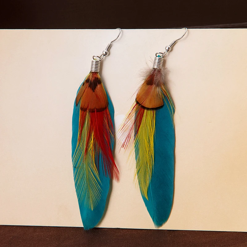 Винтажные богемные серьги с перьями разноцветные висячие женские подарки