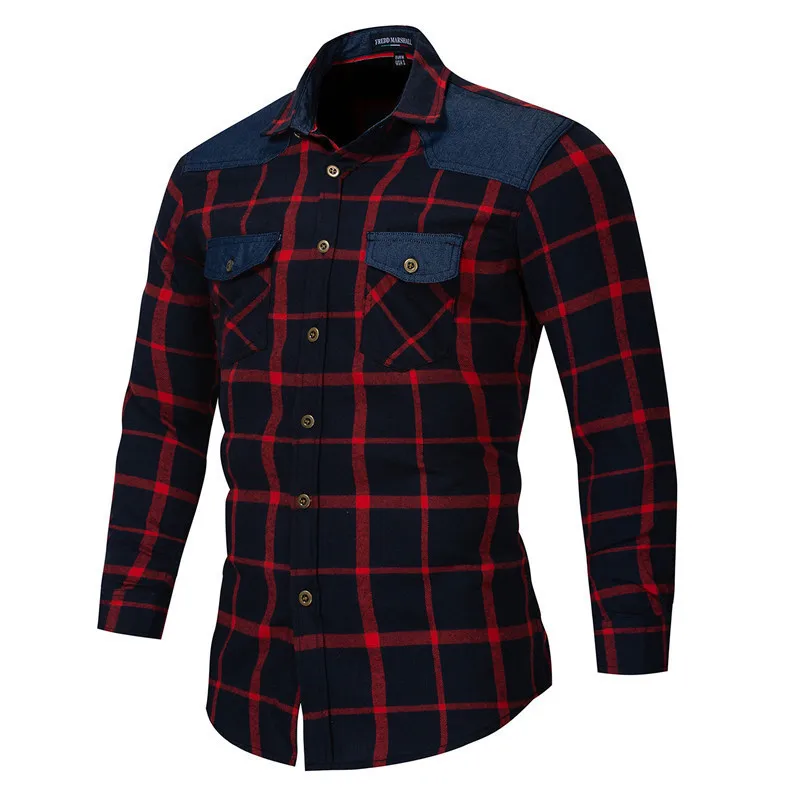 Красный Модная рубашка мужские рубашки в клетку Хлопок Slim Fit красный хаки новая весенняя рубашка с длинными рукавами Повседневная стильная мужская одежда европейский размер - Цвет: Красный