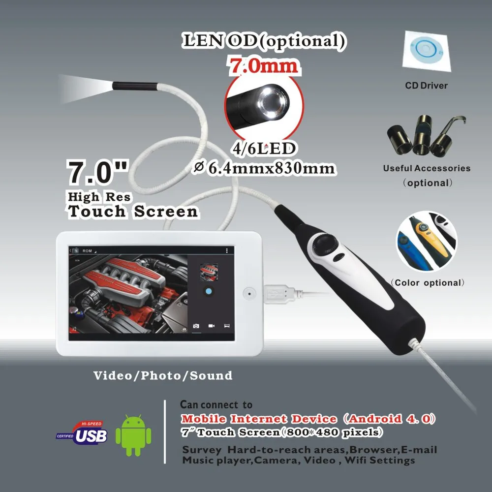 

Handheld USB Video Inspection Borescope Endoscope 830mm Flexible Tube 7mm Waterproof Camera Head with 7 inch Android Monitor