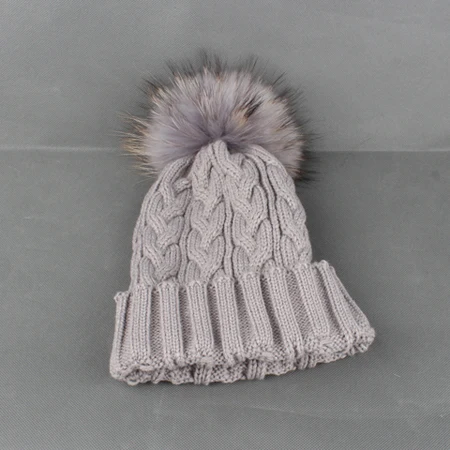 gray fur pom Осенне-зимняя женская вязаная шерстяная шапка Skullies Beanies из натурального меха енота, женские шапки с помпоном - Цвет: gray fur pom