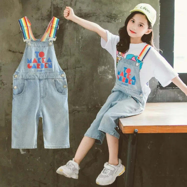 Радужные джинсовые штаны для девочек летние на подтяжках подростков Модные