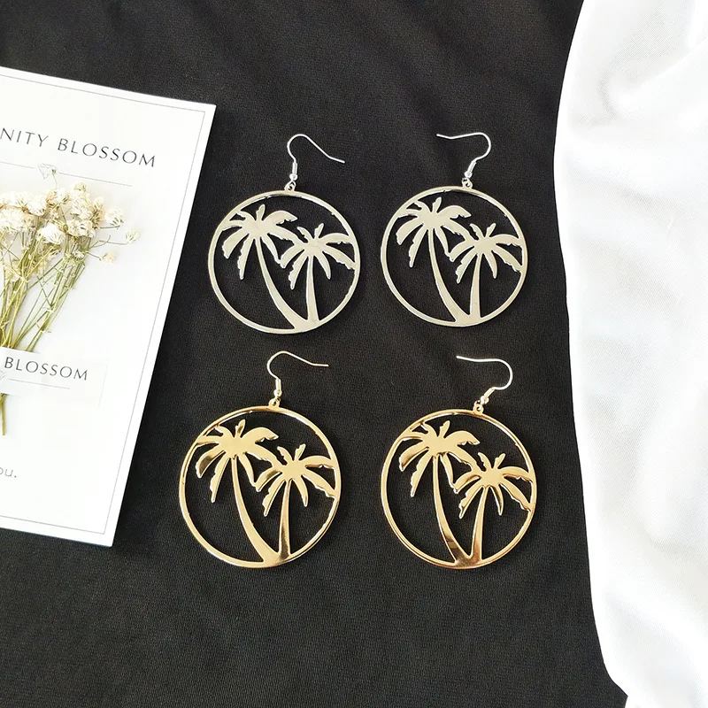 Модные Простые Женские Висячие серьги с кокосовой пальмой большие круглые
