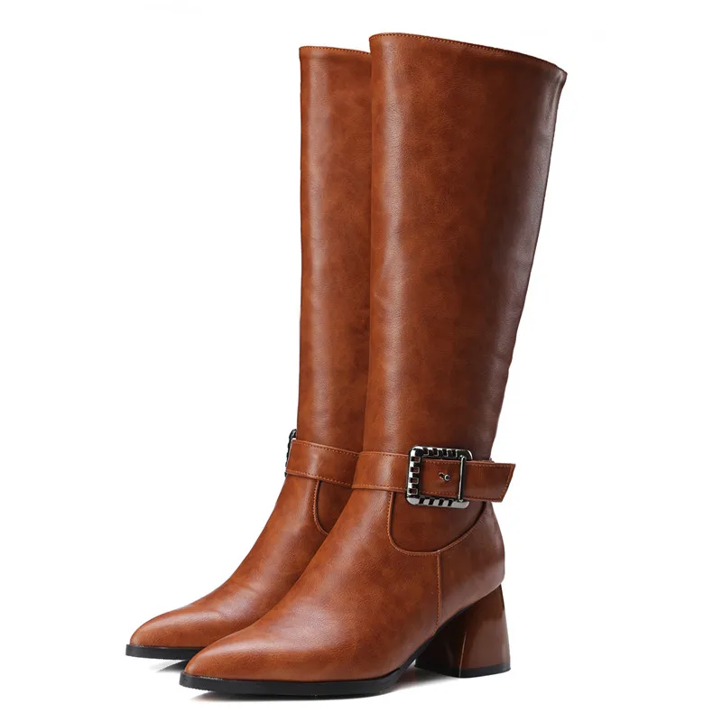 brown plush ZETMTC/Большие размеры 32-43, женские сапоги до колена женские мотоциклетные ботинки в стиле ретро с пряжкой на молнии теплые зимние сапоги на толстом меху - Цвет: brown plush