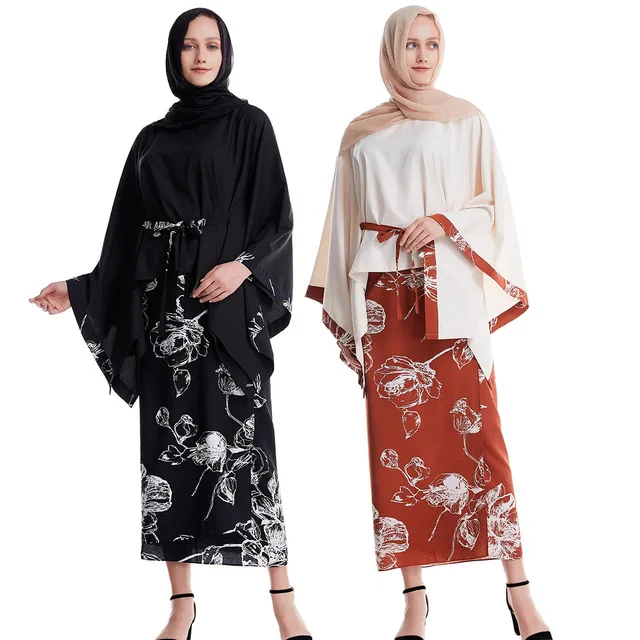 

Abaya для женщин, женское кимоно, свободное платье с принтом мусульманского цзилбаба, комплект из двух предметов, кафтан, искусственная мусуль...