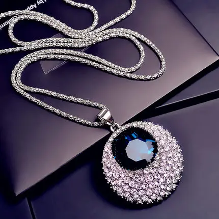 blue crystal Винтажный геометрический хрустальный кулон, ожерелье, элегантные цепочки для свитера с цветами и кисточками, OL длинное ожерелье, ювелирные изделия, женские аксессуары - Окраска металла: blue crystal