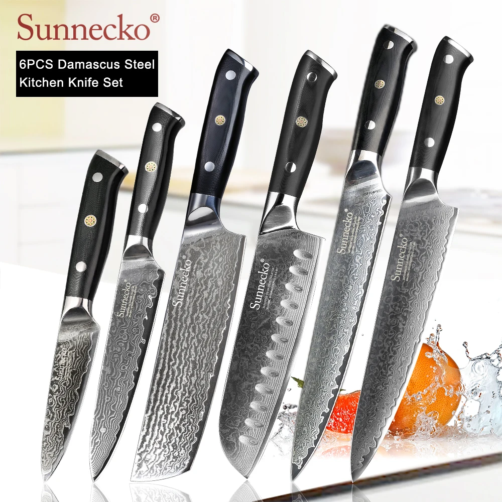 SUNNECKO дамасский нож шеф-повара Santoku для нарезки овощей нож для стейка нож для хлеба Дамасская сталь набор кухонных ножей G10 Ручка