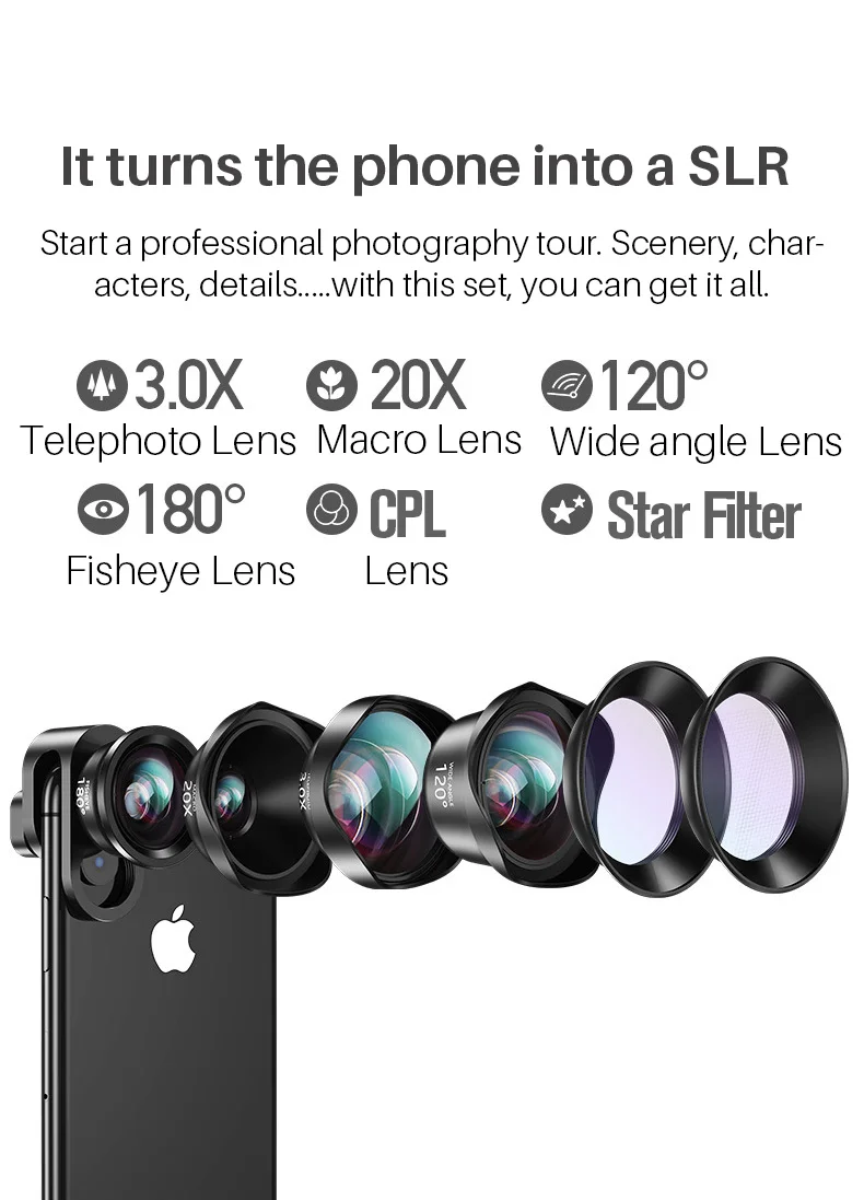 

CPL Star Cell Phone Camera Lens Kit Wide Angle Telephoto len Macro Fisheye Lenses for iPhone Xs Max X 8 H uawei P20 Pro S amsung