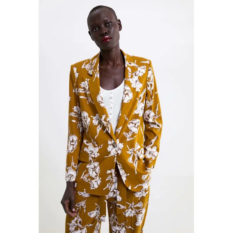 WT1981 Новинка модные женские туфли Цветочный принт с темными желтыми Цвет Блейзер