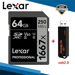 64G and Reader Lexar профессиональный 1667x UHS-II U3 SD карты 256 ГБ 128 ГБ SDXC 64 Гб V60 250 МБ/с. флэш-карты для Камера 3D 4K HD видео - Capacity: 64G and Reader
