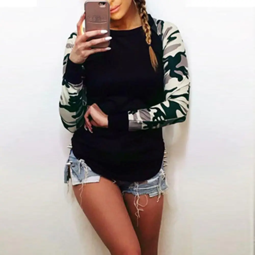 Модные женские повседневные толстовки камуфляжные топы с рукавами рубашки