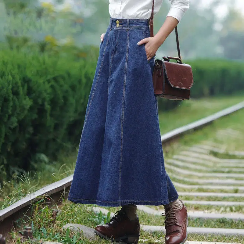 Женская длинная винтажная джинсовая юбка шаровары на пуговицах с высокой талией
