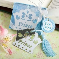 100 pcs pink or blue princess prince crown metal bookmarks baby shower souvenirs birthday wedding favors and gift for guest