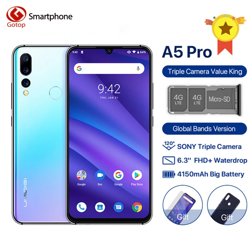 Мобильный телефон UMIDIGI A5 PRO Android 9 0 16 МП тройная камера четыре ядра 6 3 дюйма FHD +