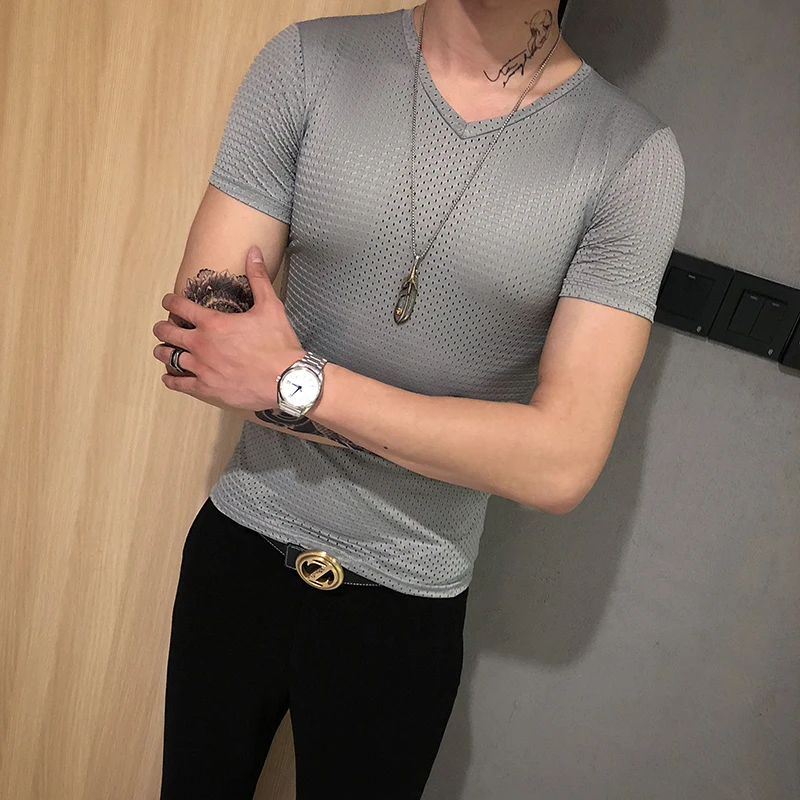 Light gray Летняя Повседневная Однотонная футболка с короткими рукавами Hombre, модная брендовая уличная одежда, полупрозрачная Сетчатая футболка с коротким рукавом, Мужская футболка - Цвет: Light gray