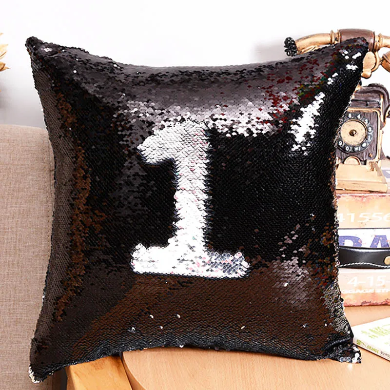 Русалка наволочка Двусторонняя Подушка Чехол coussin украшение cojines kussenhoes almofada decorativa DIY блестки наволочки - Цвет: Black and Silver