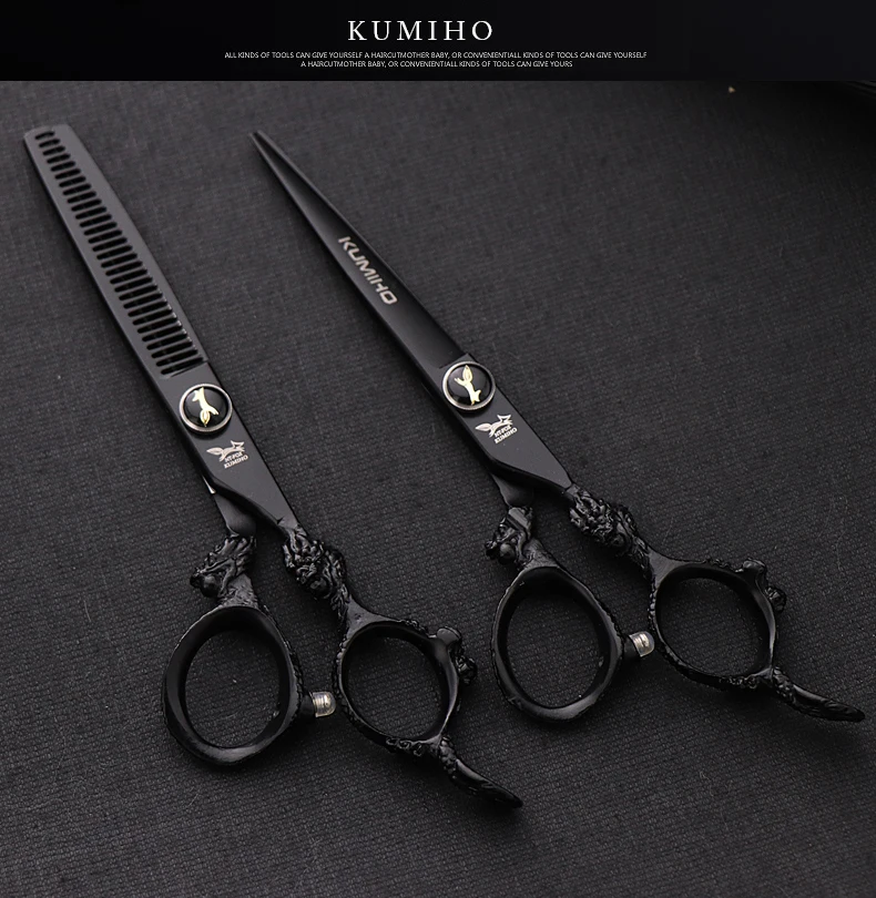 KUMIHO 6 дюймов черные ножницы для волос с ручкой дракона ножницы для волос и филировочные ножницы Япония 440C титановое покрытие