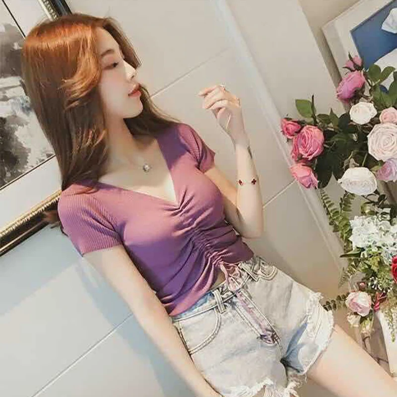 

Women's Short-Sleeved T-shirt Summer New Fashion Slim V-neck knit Short-Sleeved T-shirt Trend Sexy Short-Sleeved Versatile Shirt