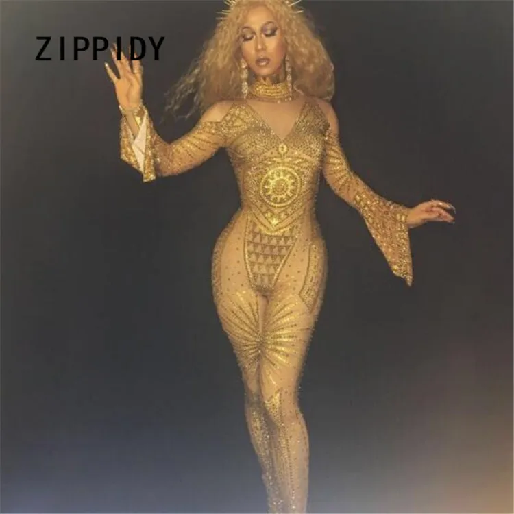 Gold Rhinestones Beyonce Jumpsuit Sexy Big Sleeves Beads Rompers Nightclub Bar Female Singer Celebrate Outfit Costume Stage Wear