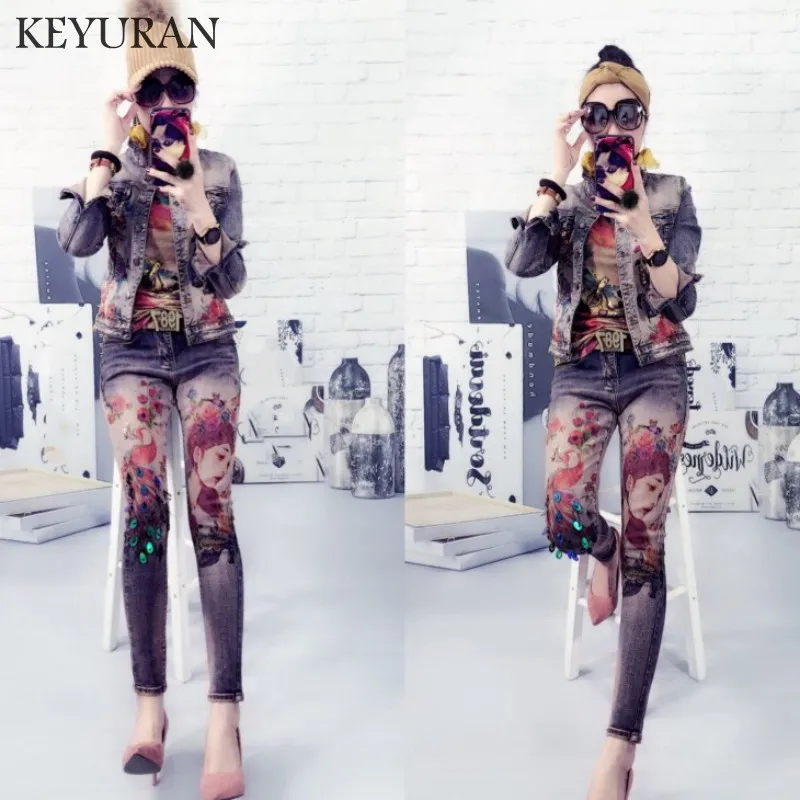 С цветочным принтом блестками Павлин деним Duit эластичный материал модные