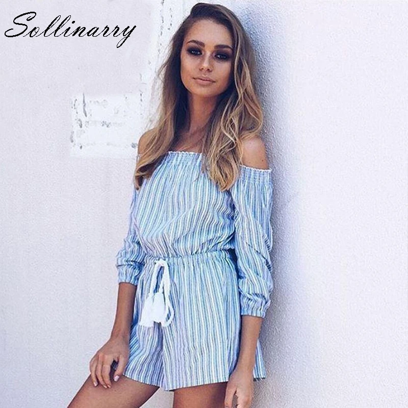 Sollinarry Sexy Off Shoulder Playsuit Overalls Stripe Tassel Ruched Lace Up Rompers Elegant Feminine Short Jumpsuit | Женская одежда