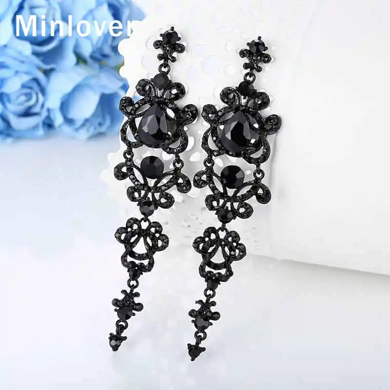 Minlover черная хрустальная люстра Винтаж висит длинные серьги для Для женщин со