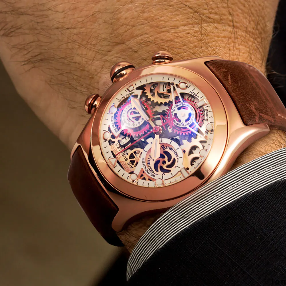 

Reef Tiger/RT Chronograph Sport Watches for Men Skeleton Dial with Date Three Counters Luminous Rose Gold Unique Watches RGA792