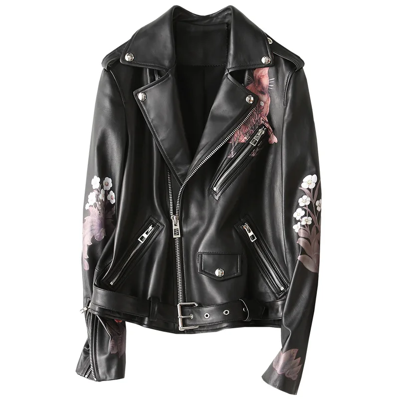 Женская куртка из натуральной кожи с принтом байкерские куртки и пальто