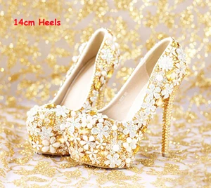 Gold 14cm Heels Г., модные удобные свадебные туфли золотистого цвета женская обувь Свадебная обувь на платформе и высоком каблуке со стразами ручной работы из натуральной кожи - Цвет: Gold 14cm Heels