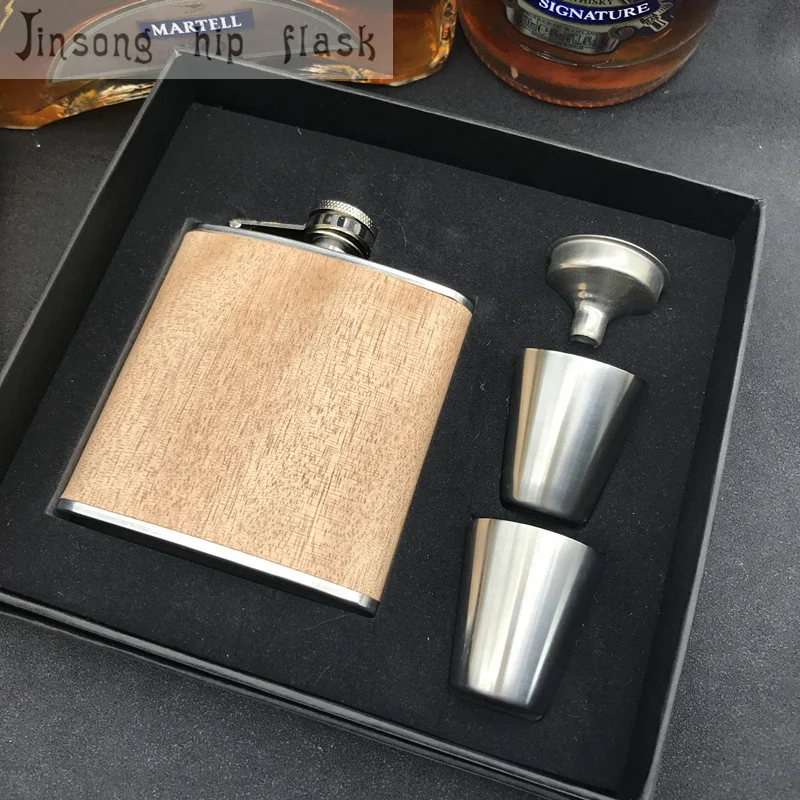 Натуральная деревянная обернутая 6 унций фляга из нержавеющей стали логотип