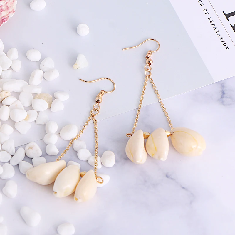 KOMi Bohemian Natural Cowrie Shell Pendant Tassel Drop Statement Earrings Sea Beach Jewelry for Women Gift Brincos