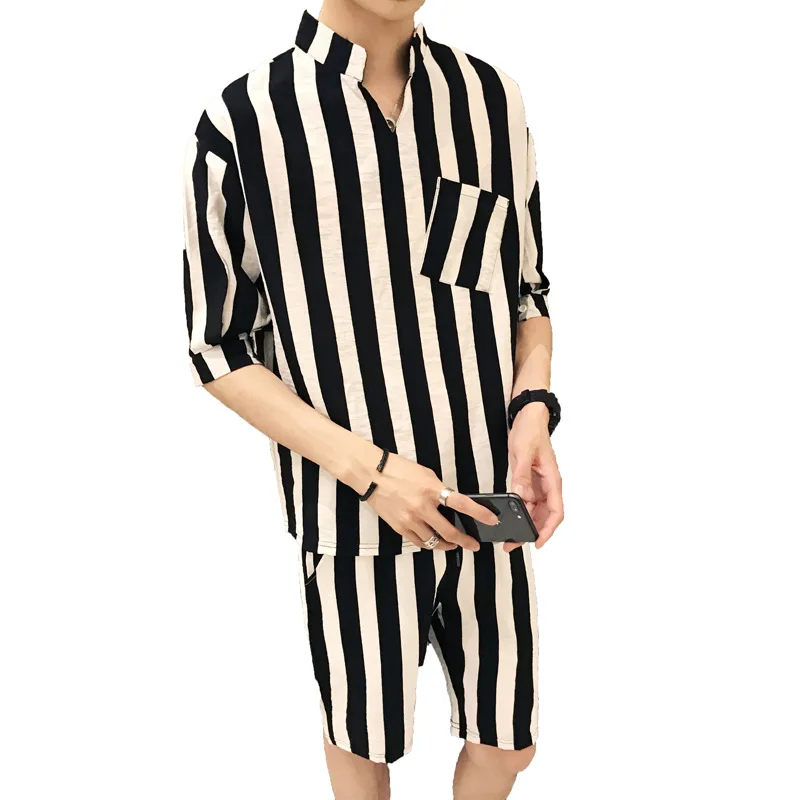 2019 летний мужской комплект из 2 предметов полосатые рубашки + шорты Повседневная