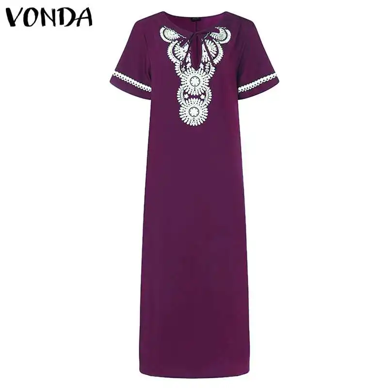 VONDA, женское платье с принтом,, летнее, повседневное, сексуальное, v-образный вырез, короткий рукав, с разрезом, одноцветное, макси платье, элегантное, Vestidos размера плюс