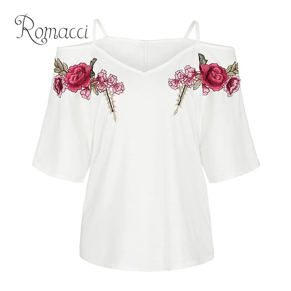 Женская летняя футболка Romacci свободная контрастной цветочной вышивки с