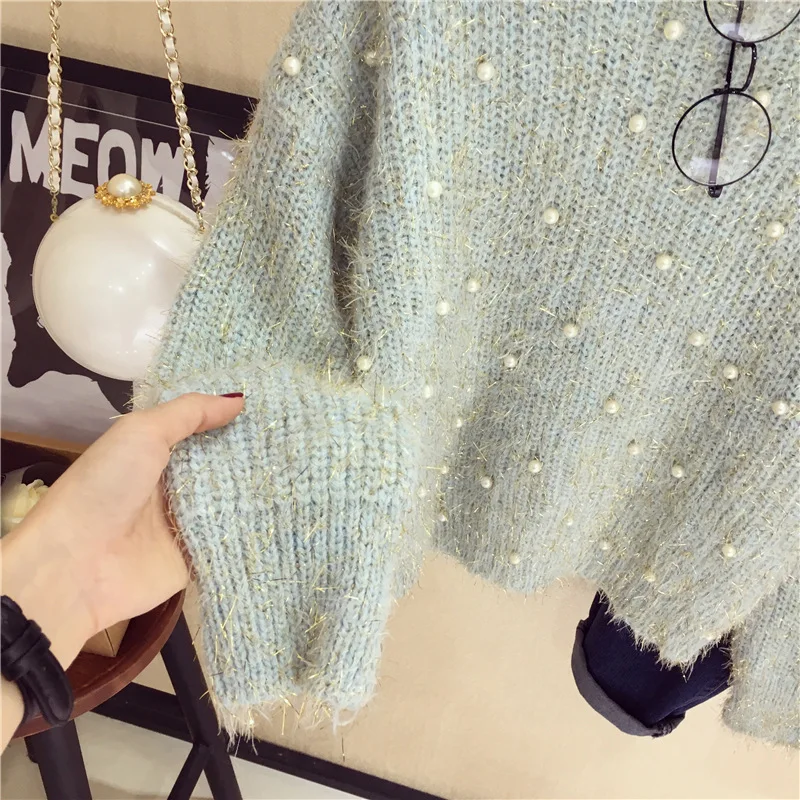 New Pearls Beaded Sweater Mohair Loose Jumper Round Neck Long Sleeve Cute female Beading Knitted Bottoming Shirts Pullovers | Женская