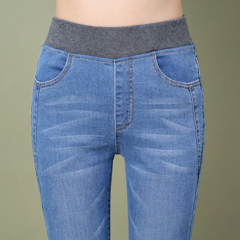 Джинсы женские повседневные с завышенной талией узкие эластичные хлопковые