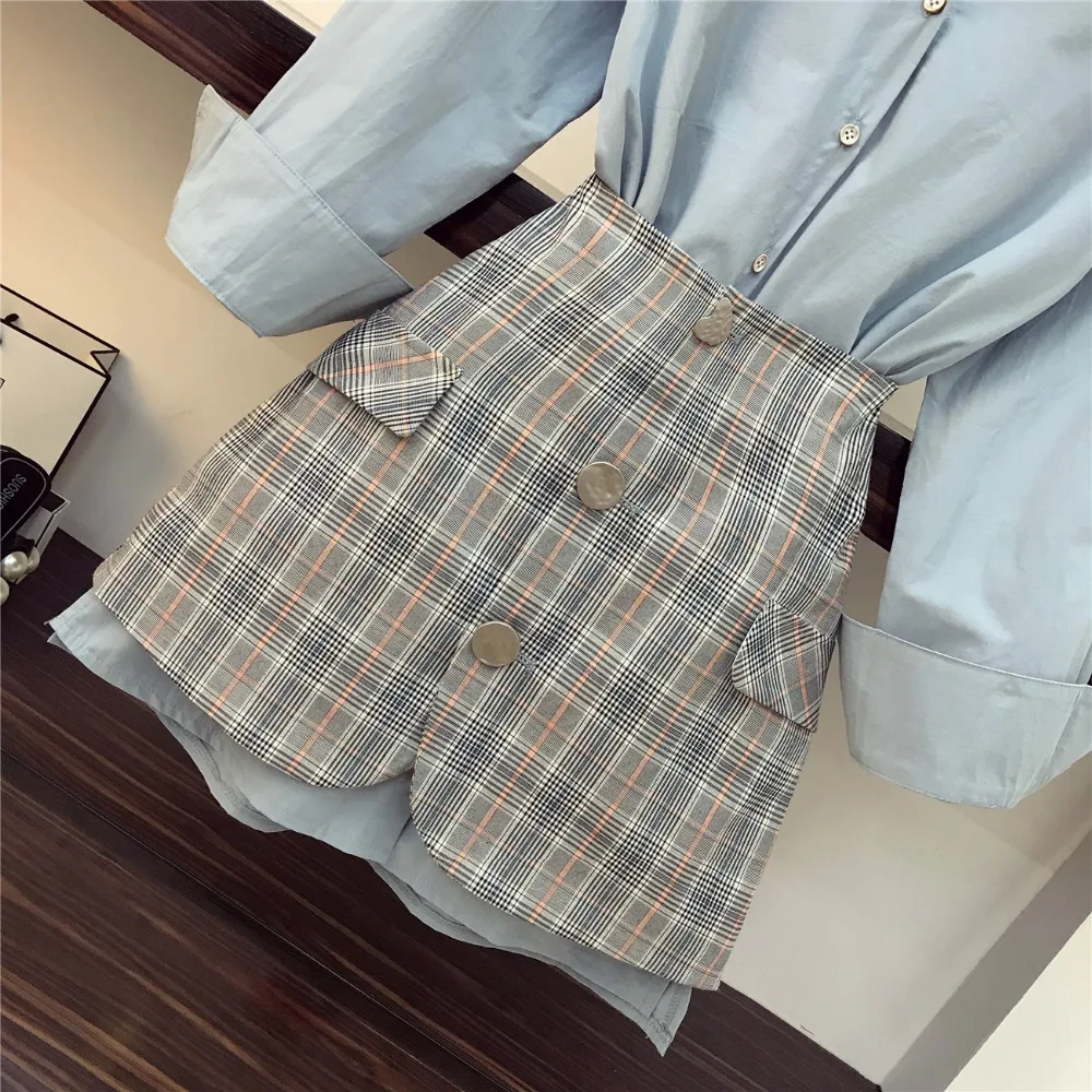 2019 Весна Для женщин нагрудные с длинным рукавом рубашка + Высокая Талия посылка