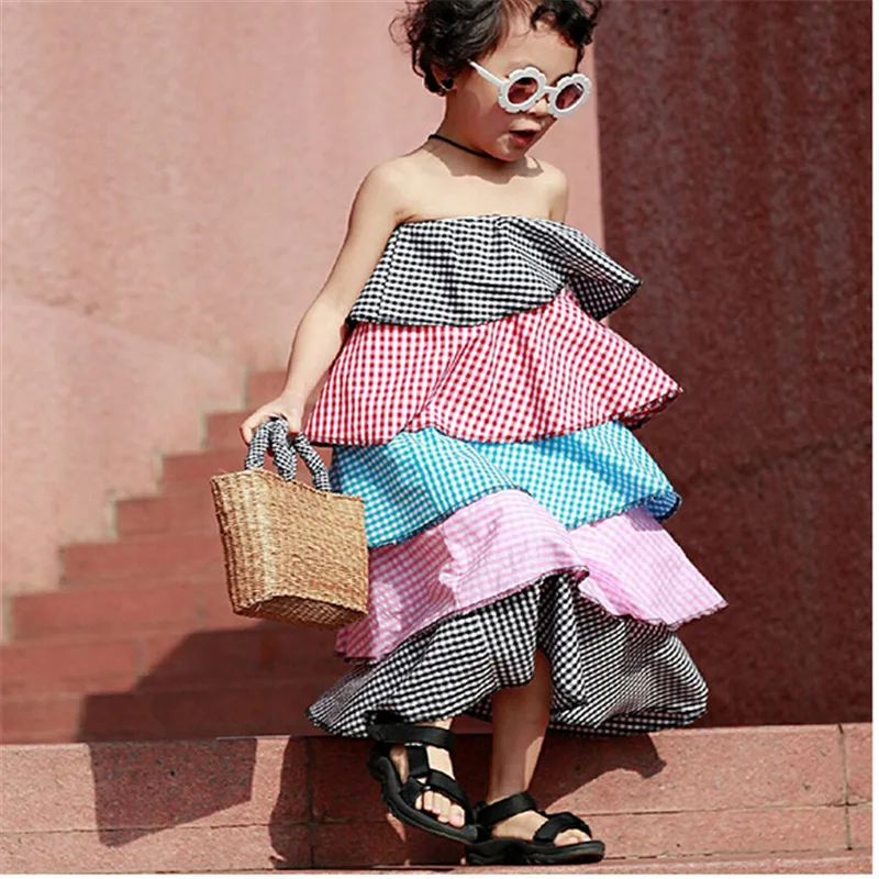 Summer Girls Strapless Dresses Patchwork Plaid Cascading Ruffle Backless Off Shoulder Slim Cake Layered Dress Girl Beach Clothes | Детская