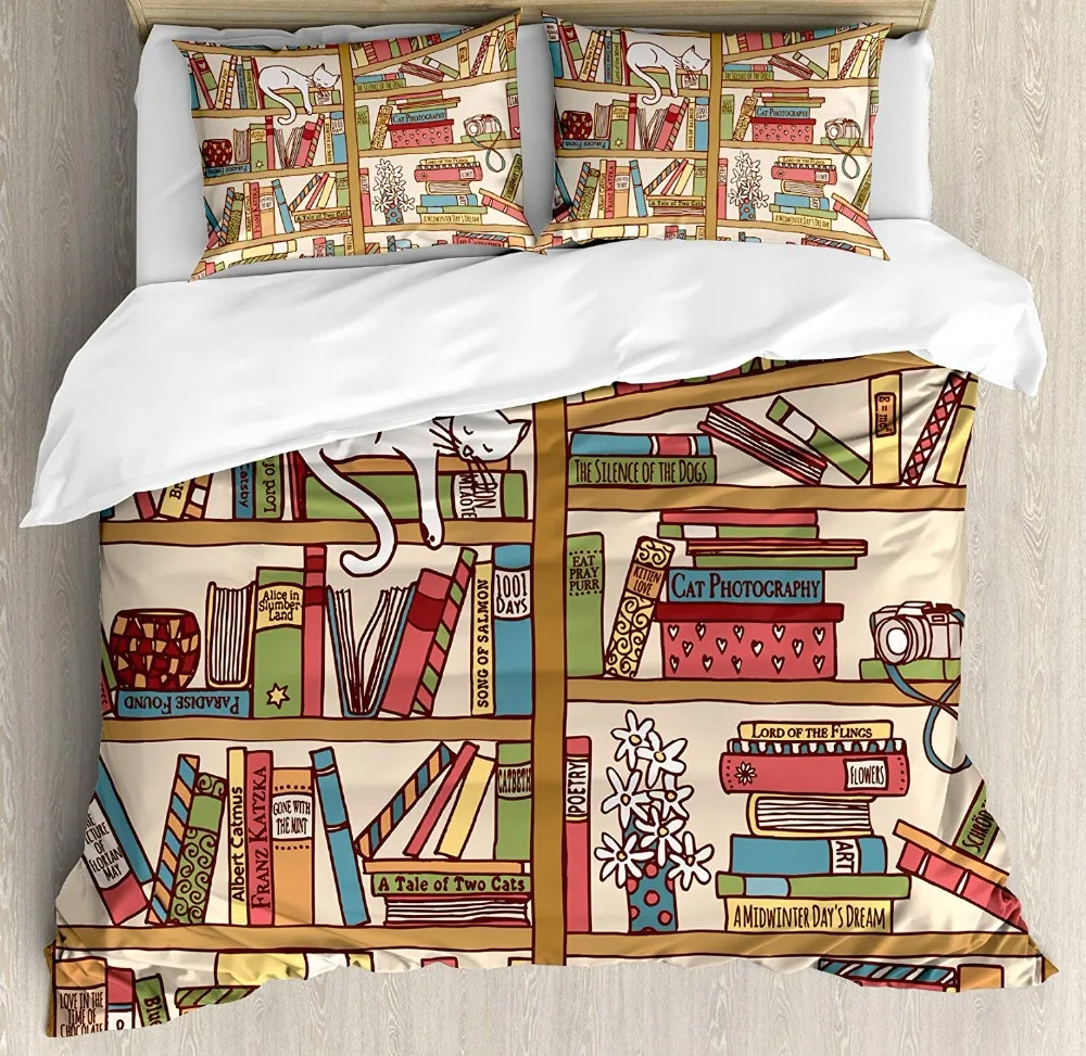 Cat Duvet Cover Set Nerd Book Lover Kitty Sleeping Over Bookshelf in Library Academics Feline Cosy Boho Design 4pcs Bedding | Дом и сад