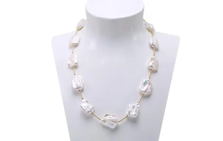 

Women Jewelry natural pearl 22mm bright white baroque square slice freshwater pearl gold beads necklace gift 45cm 18''
